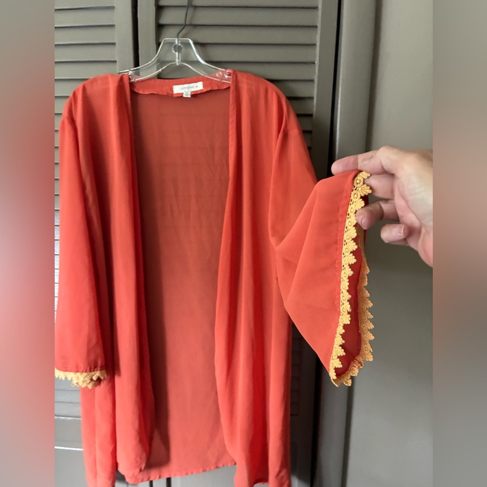 Umgee Vibrant Orange sheer coverup with Yellow crochet trimmed bell sleeves